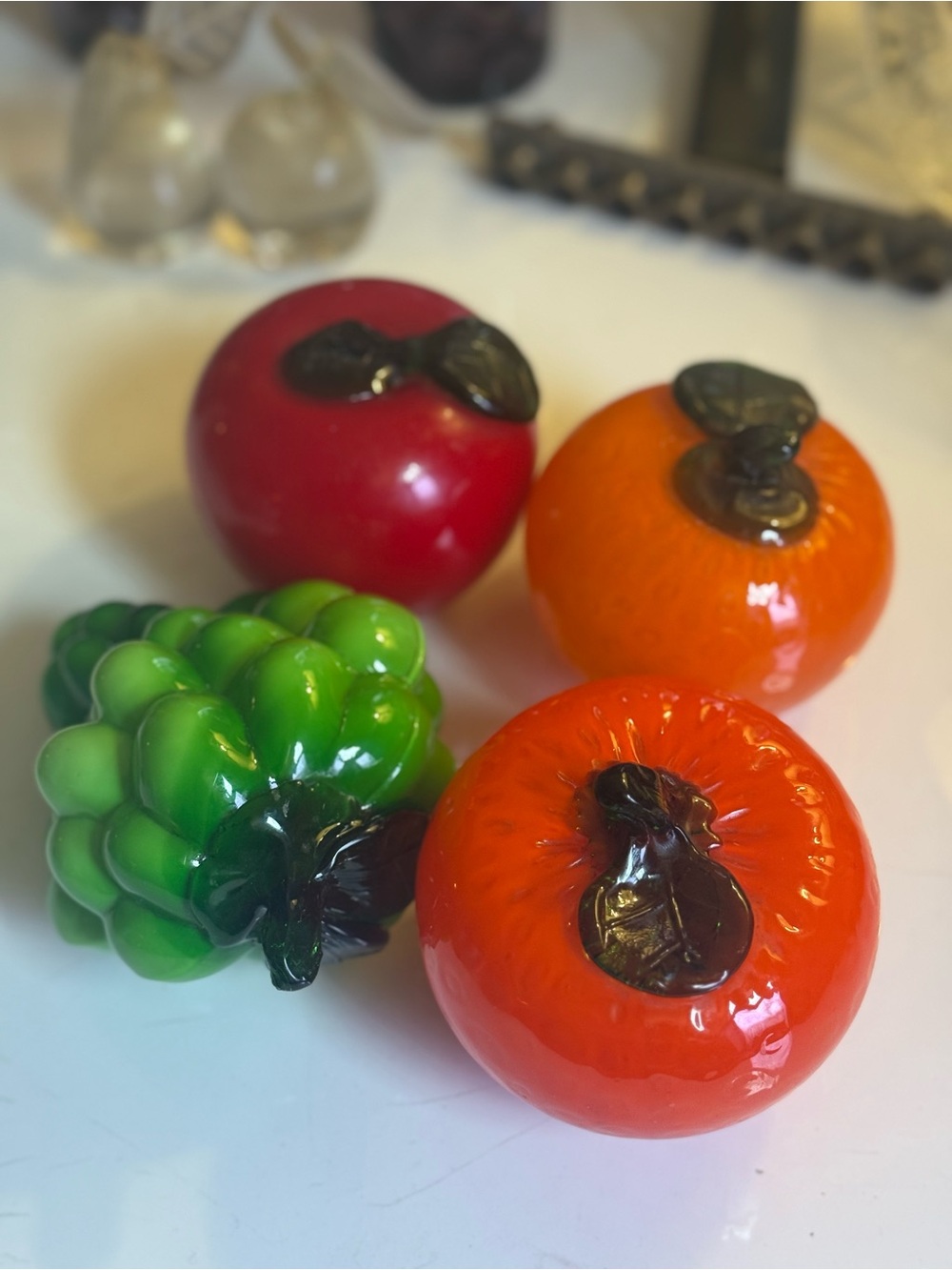 Vintage Hand Blown Glass Fruit Set Apple Grapes Persimmons Orange collection